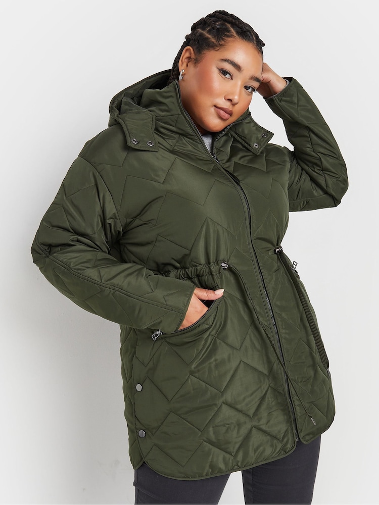 Yours Curve Green Lightweight Zig Zag Quilted Midi Jacket - Image 1 of 6