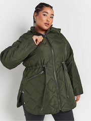 Yours Curve Green Lightweight Zig Zag Quilted Midi Jacket - Image 2 of 6