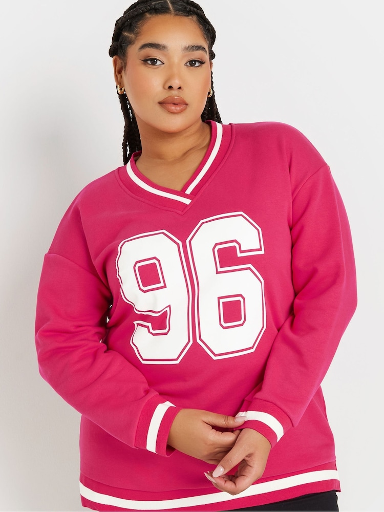 Yours Curve Pink Hot 96 Slogan Varsity Sweatshirt - Image 4 of 5