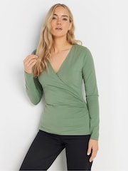 Long Tall Sally Green Long Sleeve Cotton Wrap Top - Image 1 of 7