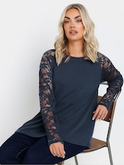 Yours Curve Blue Raglan Lace A-Line T-Shirt - Image 1 of 9