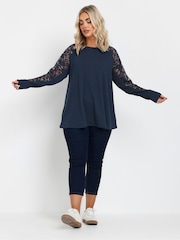 Yours Curve Blue Raglan Lace A-Line T-Shirt - Image 2 of 9