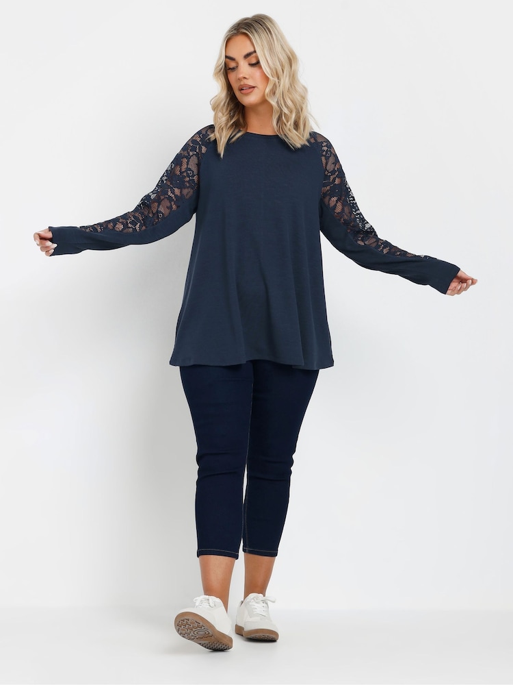Yours Curve Blue Raglan Lace A-Line T-Shirt - Image 2 of 9 Yours Curve Blue Raglan Lace A-Line T-Shirt - Image 2 of 9