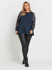 Yours Curve Blue Raglan Lace A-Line T-Shirt - Image 3 of 9
