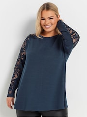 Yours Curve Blue Raglan Lace A-Line T-Shirt - Image 6 of 9