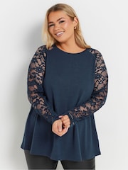 Yours Curve Blue Raglan Lace A-Line T-Shirt - Image 7 of 9