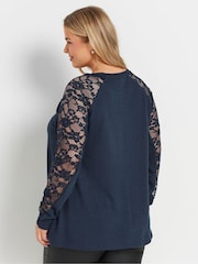 Yours Curve Blue Raglan Lace A-Line T-Shirt - Image 8 of 9