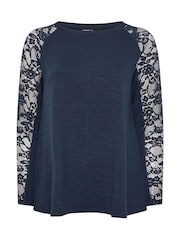 Yours Curve Blue Raglan Lace A-Line T-Shirt - Image 9 of 9