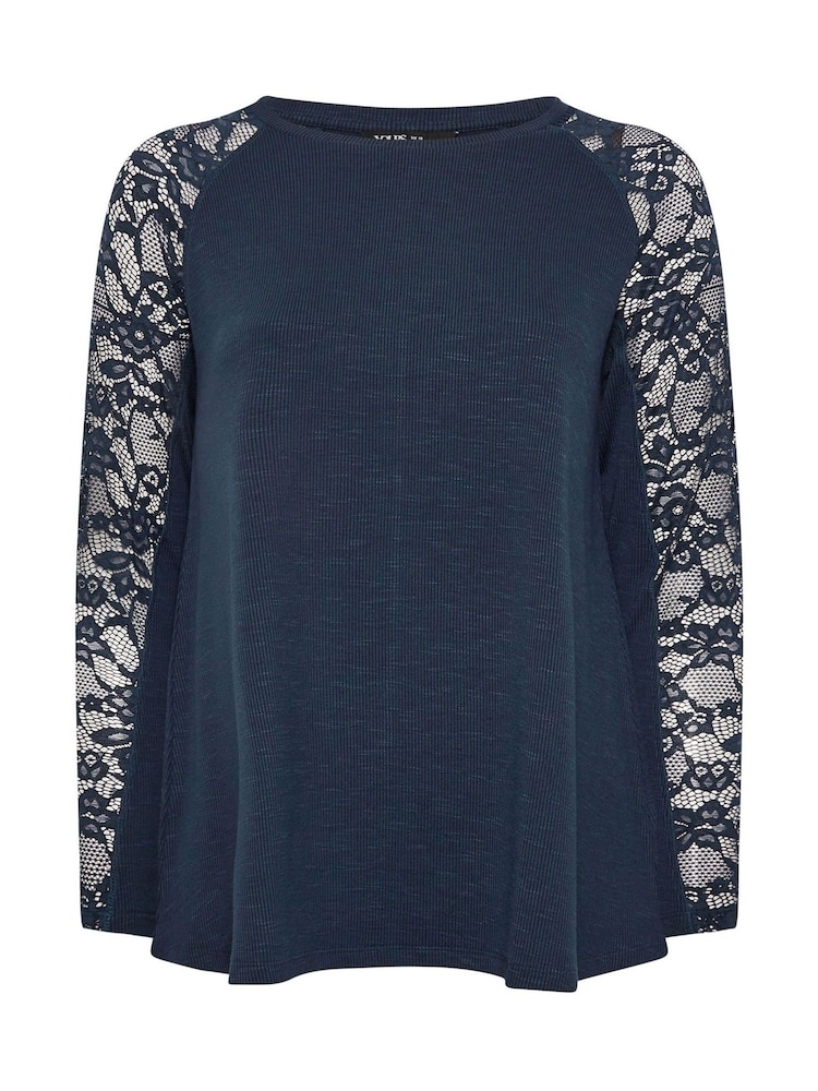 Yours Curve Blue Raglan Lace A-Line T-Shirt - Image 9 of 9 Yours Curve Blue Raglan Lace A-Line T-Shirt - Image 9 of 9