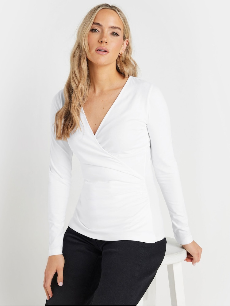 Long Tall Sally White Long Sleeve Cotton Wrap Top - Image 1 of 5