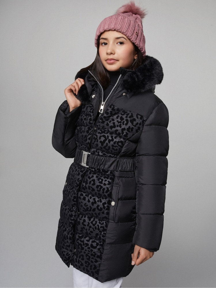 Lipsy Black Midweight Leopard Print Belted Puffer Coat (5-16yrs) - Image 1 of 5