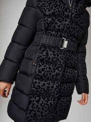 Lipsy Black Midweight Leopard Print Belted Puffer Coat (5-16yrs) - Image 2 of 5