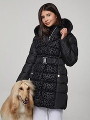 Lipsy Black Midweight Leopard Print Belted Puffer Coat (5-16yrs) - Image 3 of 5