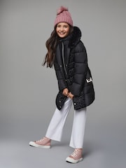 Lipsy Black Midweight Leopard Print Belted Puffer Coat (5-16yrs) - Image 4 of 5