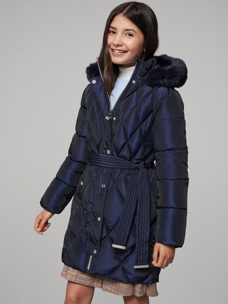 Lipsy Navy Shower Resistant Midweight Metallic Belted Puffer Coat (5-16yrs) - Image 1 of 5