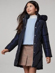 Lipsy Navy Shower Resistant Midweight Metallic Belted Puffer Coat (5-16yrs) - Image 3 of 5