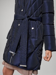 Lipsy Navy Shower Resistant Midweight Metallic Belted Puffer Coat (5-16yrs) - Image 4 of 5