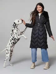 Lipsy Black Shower Resistant Midweight Longline Quilted Belted Puffer Coat (5-16yrs) - Image 1 of 5