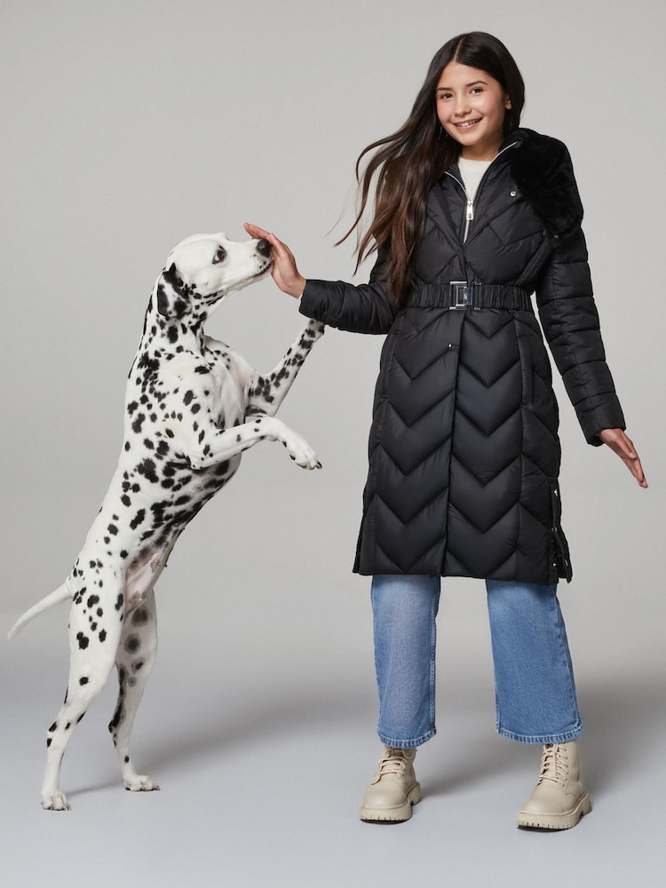 Lipsy Black Shower Resistant Midweight Longline Quilted Belted Puffer Coat (5-16yrs) - Image 1 of 5