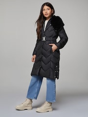 Lipsy Black Shower Resistant Midweight Longline Quilted Belted Puffer Coat (5-16yrs) - Image 2 of 5