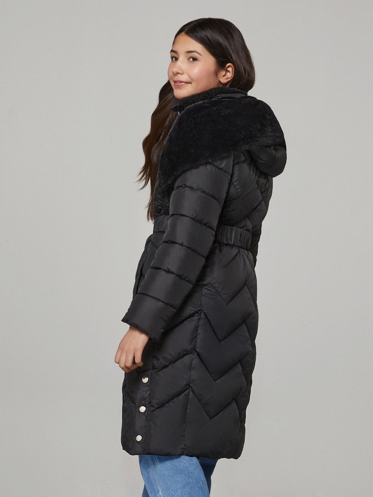 Lipsy Black Shower Resistant Midweight Longline Quilted Belted Puffer Coat (5-16yrs) - Image 5 of 5