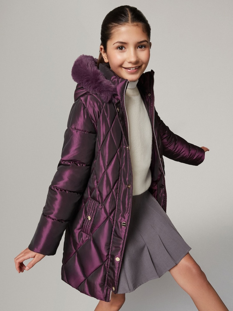 Lipsy Berry Red Shower Resistant Midweight Metallic Belted Puffer Coat (5-16yrs) - Image 1 of 5