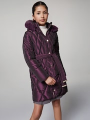 Lipsy Berry Red Shower Resistant Midweight Metallic Belted Puffer Coat (5-16yrs) - Image 2 of 5
