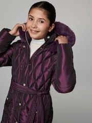 Lipsy Berry Red Shower Resistant Midweight Metallic Belted Puffer Coat (5-16yrs) - Image 3 of 5