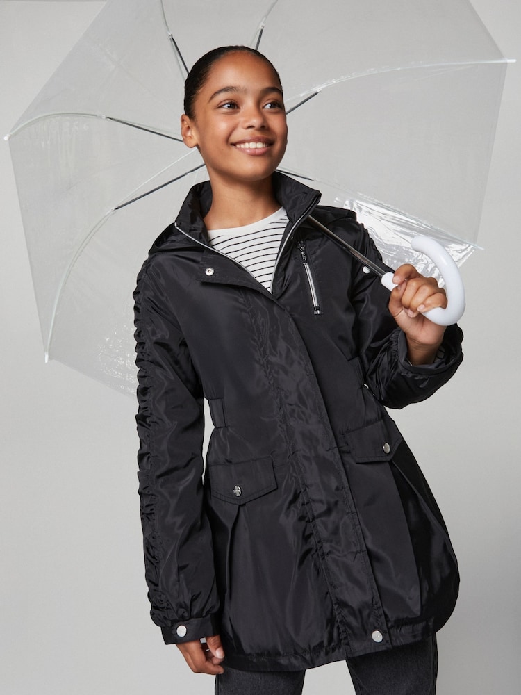 Lipsy Black Shower Resistant Lightweight Ruched Raincoat (5-14yrs) - Image 1 of 5