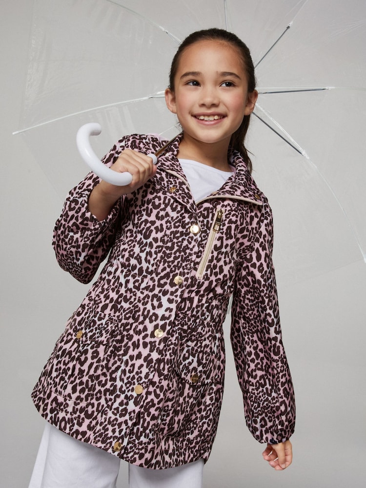 Lipsy Pink Leopard Print Lightweight Rain Coat (4-16yrs) - Image 1 of 5
