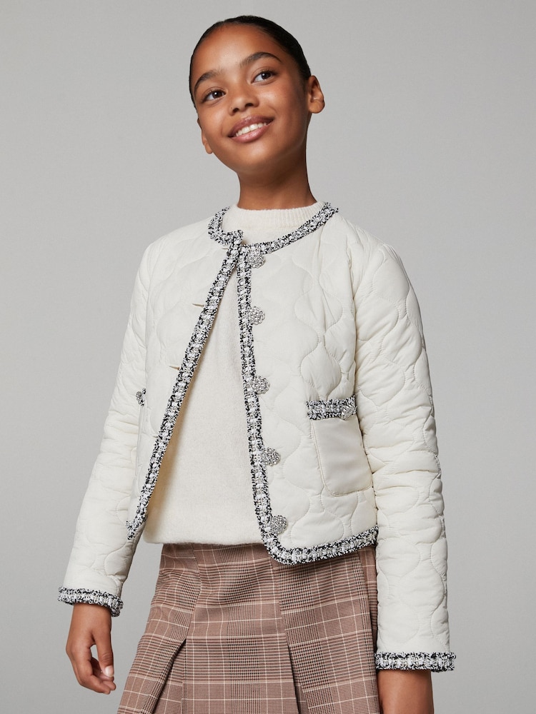 Lipsy Cream Quilted Boucle Trim Jacket (5-16yrs) - Image 2 of 5