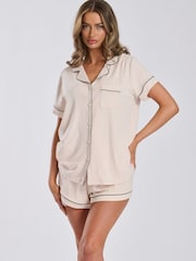 Creme - Loungeable Rippen-Jersey Kurzarm-Traditionsset mit Shorts - Bild 1 von 6
