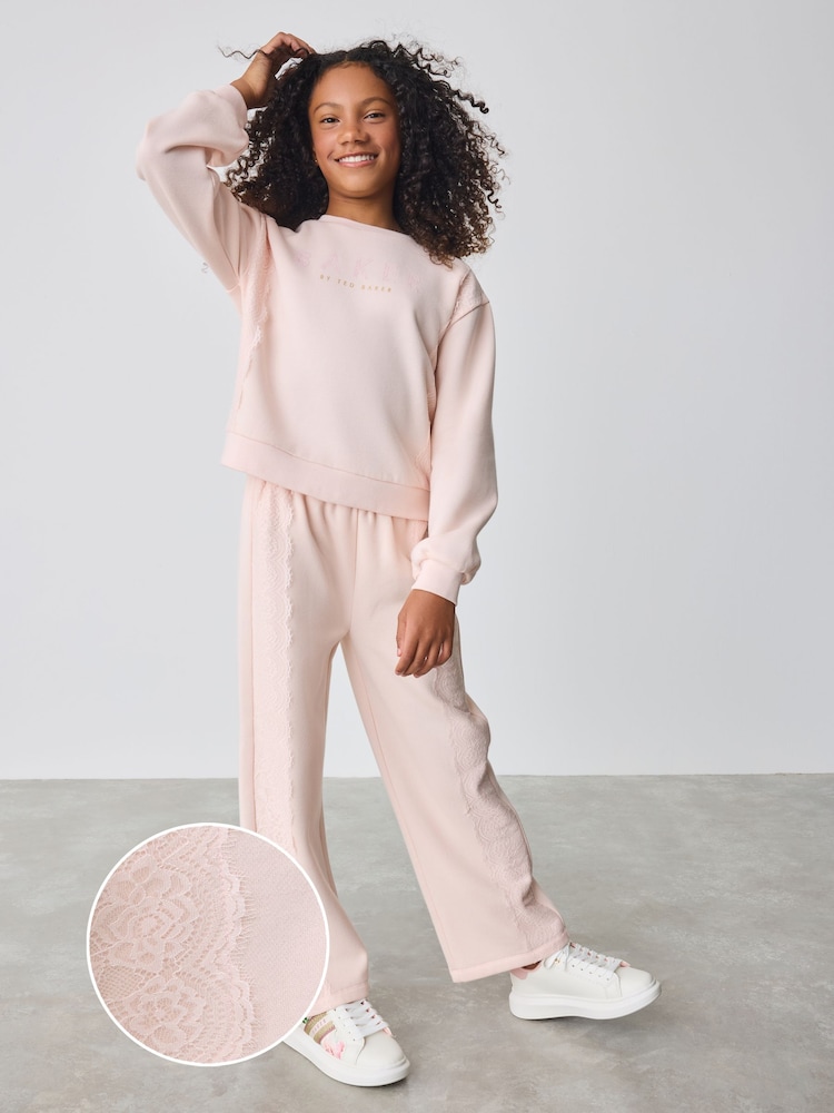 Baker by Ted Baker Pink Lace Trim Wide Leg Sweat & Joggers Set 2 Piece - صورة 1 من 6