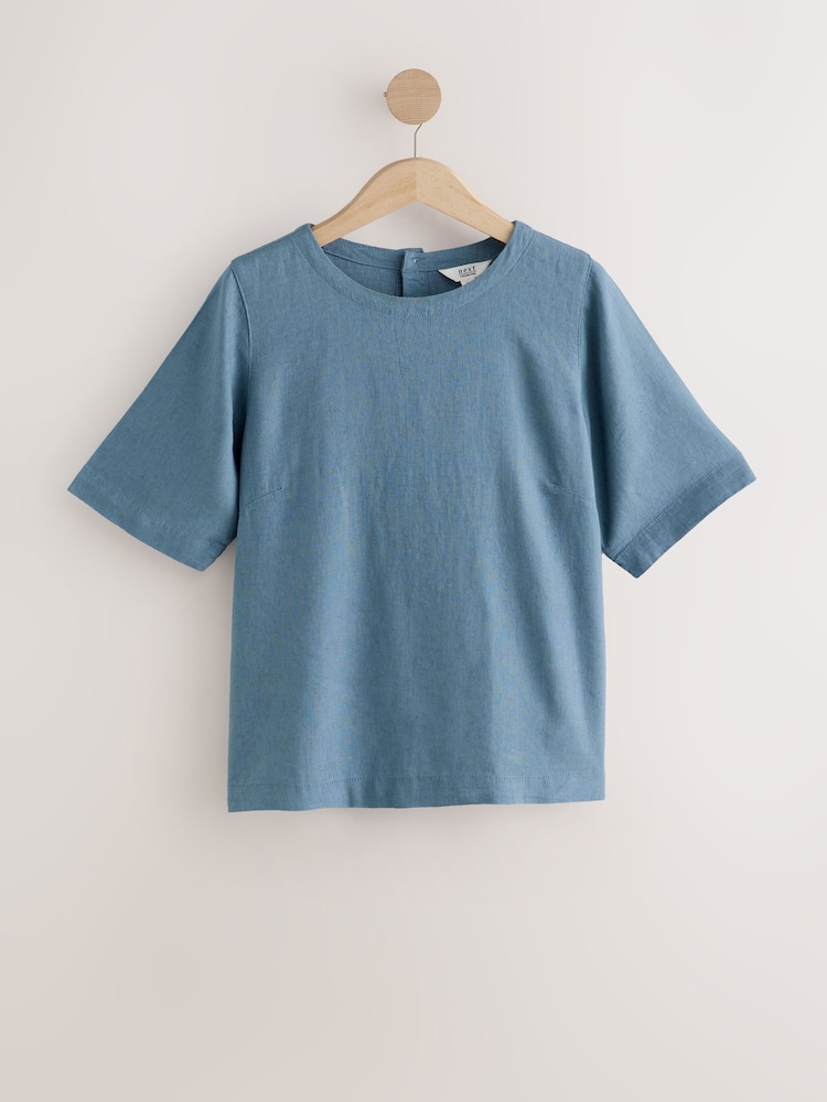 Slate Blue Short Sleeve Boxy T-Shirt with Linen - Image 1 of 3