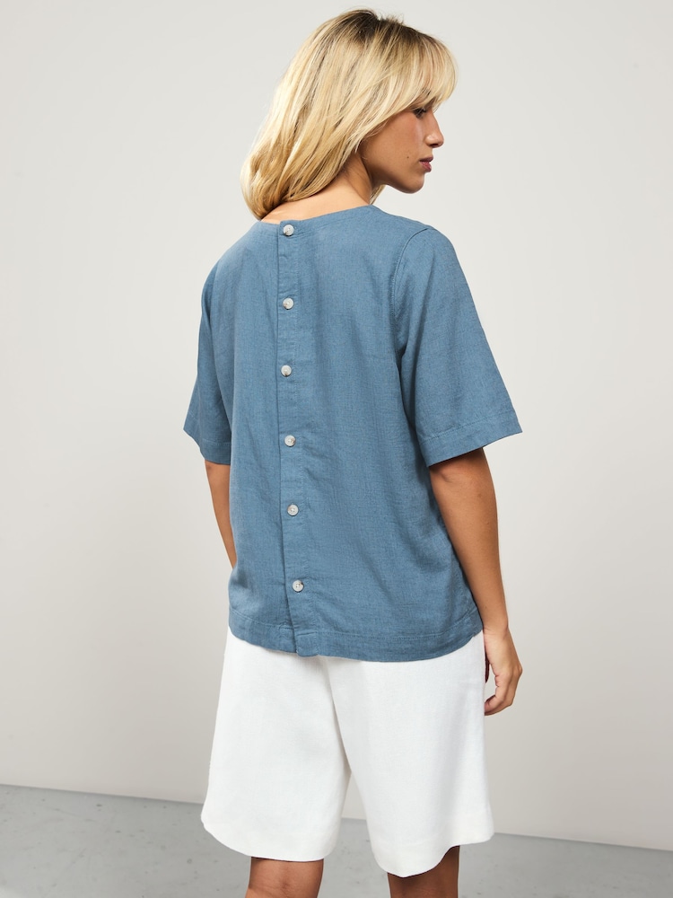 Slate Blue Short Sleeve Boxy T-Shirt with Linen - Image 2 of 9 Slate Blue Short Sleeve Boxy T-Shirt with Linen - Image 2 of 9