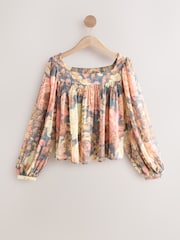 Light Pink Vintage Floral Print Square Neck Blouse - Image 1 of 3
