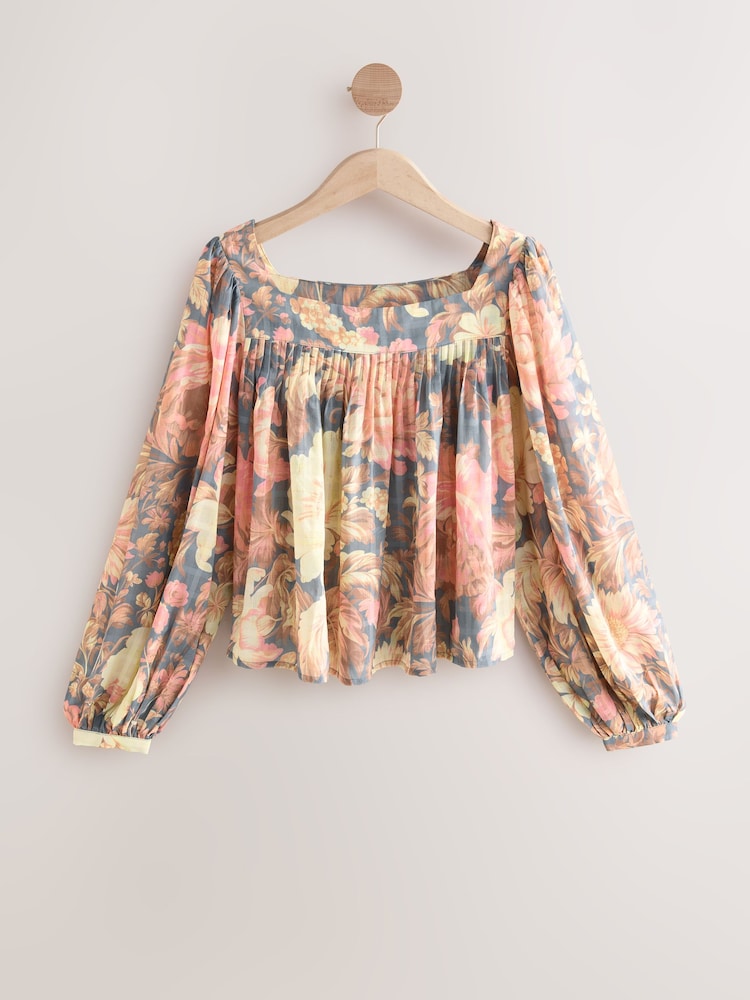 Light Pink Vintage Floral Print Square Neck Blouse - Image 1 of 3 Light Pink Vintage Floral Print Square Neck Blouse - Image 1 of 3