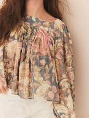 Light Pink Vintage Floral Print Square Neck Blouse - Image 5 of 8