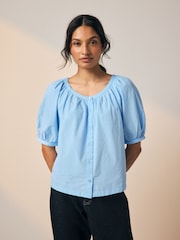 Cornflower Blue Print Puff Short Sleeve Top - Image 1 of 3