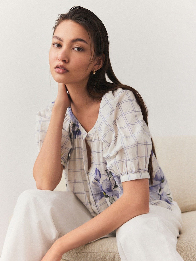 Purple Floral and Check Print Floral Embroidered Puff Short Sleeve 100% Cotton Top - Image 1 of 8