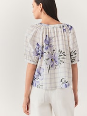 Purple Floral and Check Print Floral Embroidered Puff Short Sleeve 100% Cotton Top - Image 2 of 8