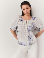 Purple Floral and Check Print Floral Embroidered Puff Short Sleeve 100% Cotton Top - Image 3 of 8