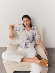 Purple Floral and Check Print Floral Embroidered Puff Short Sleeve 100% Cotton Top - Image 4 of 8