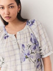 Purple Floral and Check Print Floral Embroidered Puff Short Sleeve 100% Cotton Top - Image 5 of 8