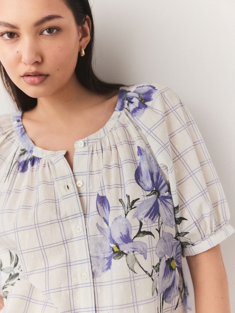 Purple Floral and Check Print Puff Short Sleeve Top - Image 5 of 8