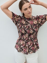 Pink/Brown Floral Print Sheer Short Sleeve Smock Top - Image 2 of 7