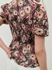 Pink/Brown Floral Print Sheer Short Sleeve Smock Top - Image 4 of 7