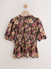 Pink/Brown Floral Print Sheer Short Sleeve Smock Top - Image 5 of 7