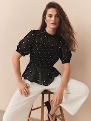 Black/White Spot Sheer Short Sleeve Smock Top - Image 1 of 7