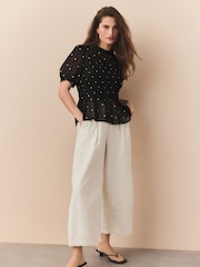 Black/White Spot Sheer Short Sleeve Smock Top - Image 3 of 7